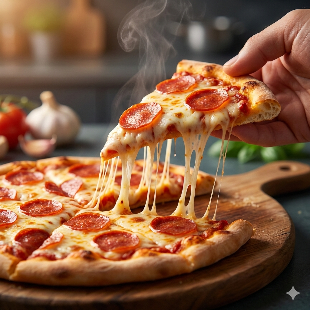 Pessoa levantando uma fatia de pizza com queijo derretendo